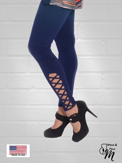 Ankle length leggings with criss cross pattern at the ankle - P009
